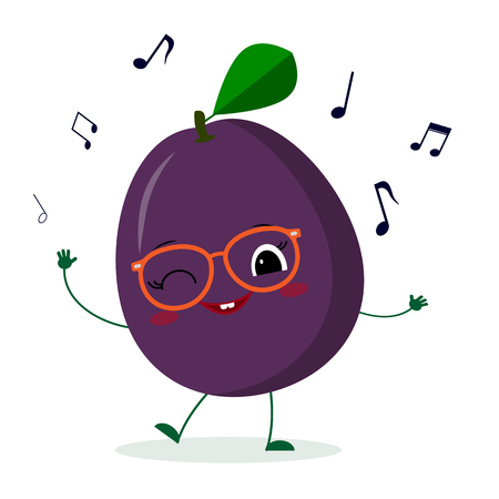 Kawaii cute plum purple fruit cartoon character in glasses dances to music. Logo, template, design. Vector illustration, a flat style.のイラスト素材