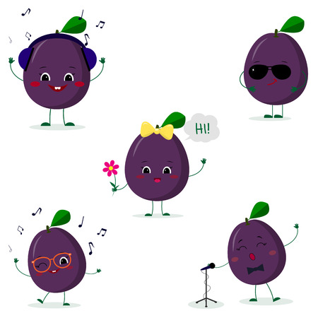 A set of five Kawaii cute plum purple fruit in a cartoon style. In headphones, in sunglasses, dancing in glasses , with a flower, singing into the microphone. Flat, Vector illustration.のイラスト素材