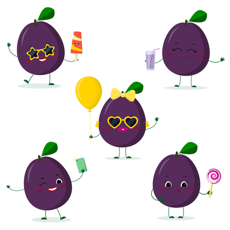 A set of five Kawaii cute plum purple fruit in cartoon style. In glasses with ice cream, with a balloon, with a lollipop, with juice, with a selfie phone. Flat, Vector illustration.のイラスト素材