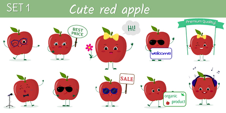 Set of ten cute kawaii red apples characters in various poses and accessories in cartoon style. Vector illustration, flat design.のイラスト素材