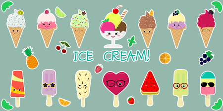 A set of fourteen stickers of various sweet ice cream, in a waffle cup and on a stick, juicy fruits and berries in a white stroke on a green background and text. Flat style vector illustration.のイラスト素材