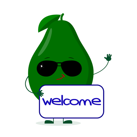 Kawaii cute avocado fruit character in sunglasses keeps the signboard welcome.のイラスト素材