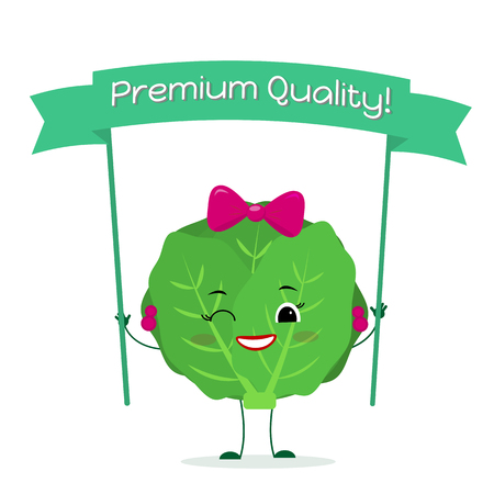 Kawaii cute cabbage vegetable cartoon fruit character with a rose bow and earrings. Smiles and holds a premium quality poster.のイラスト素材