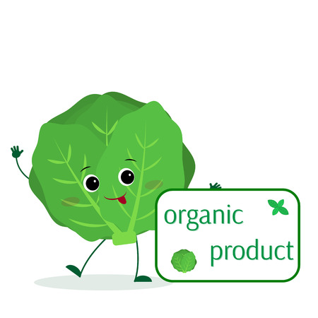 Kawaii cute cabbage vegetablecartoon character holds a plate of organic foods.のイラスト素材