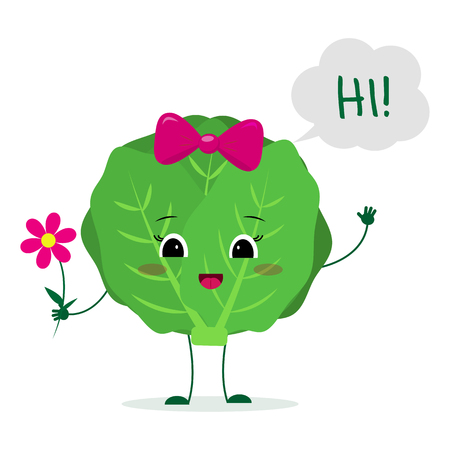 Kawaii cute cabbage vegetable cartoon character with a pink bow holding a flower and welcomes.のイラスト素材