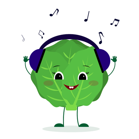 Kawaii cute cabbage vegetable cartoon character in glasses dances to music.のイラスト素材