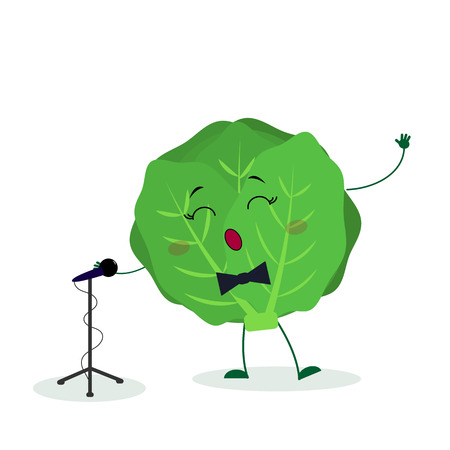 Kawai cute cabbage vegetable singer with a bow tie sings into the microphone. Cartoon style character.のイラスト素材