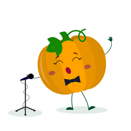 Kawai cute pumpkin vegetable singer with a bow tie sings into the microphone. Cartoon style character. Logo, template, design. Vector illustration, flat style.のイラスト素材