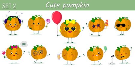Set of ten cute kawaii pumpkin vegetable characters in various poses and accessories in cartoon style. Vector illustration, flat design.のイラスト素材