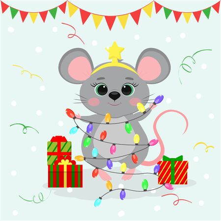 Happy New Year and Merry Christmas. Cute mouse, a rat in a star rim holds a garland for the Christmas tree. Year of the Rat 2020. Cartoon, flat style, vectorのイラスト素材