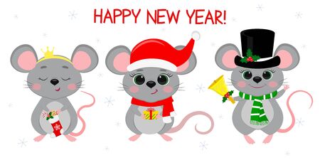 Merry Christmas and happy new year 2020. Three cute mouse rats in different New Year s costumes and with different holiday items. Cartoon, flat style, vector.のイラスト素材