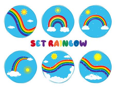 Set of six round multicolored rainbow icon, shining stars, sun and clouds on a blue sky background. Vector illustration, cartoon styleのイラスト素材