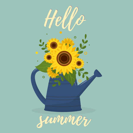 Postcard bouquet of sunflowers and leaves in a blue garden watering can against the green background . Hello Summer. Vectorのイラスト素材