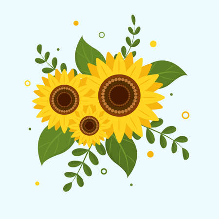 Sunflower and leaves bouquet flower arrangement isolated on white background. Vector illustrationのイラスト素材