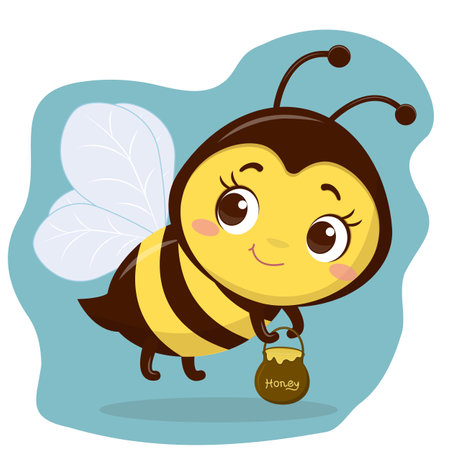 Cute character bee is flying and holding a pot of honey. Cartoon style, vectorのイラスト素材