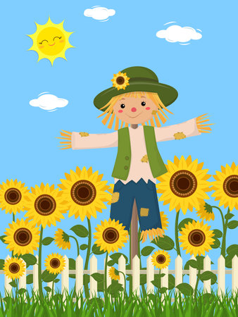 Sunflowers and a cute scarecrow, fence, grass, sky, sun, clouds. Vector illustrationのイラスト素材