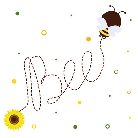 Honey bee with a pot of honey flies, sunflower flower on white background. Vector, cartoon style.のイラスト素材
