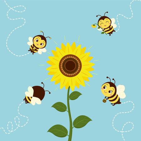 Four cute bees fly to the sunflower to collect nectar. Vector, cartoon style.のイラスト素材