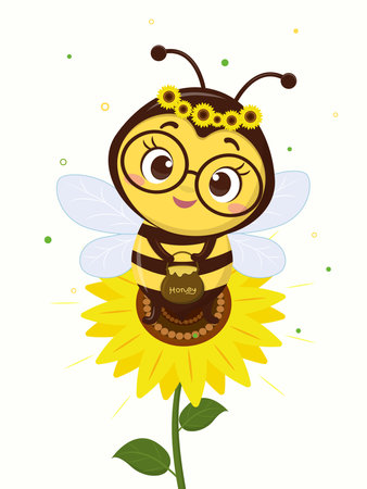 Character cute honey bee with honey pot sits on a sunflower flower and leaves on a white background. Vector, cartoon styleのイラスト素材