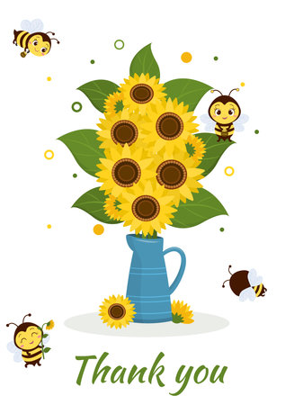 Postcard bouquet of sunflowers in a blue jug and four cute bees on a white background. Vector illustration, cartoon style.のイラスト素材