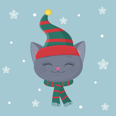Happy New Year and Merry Christmas. Cute kitten of the British breed in an Elf hat and a scarf on a background of snowflakes. Cartoon, flat style, vectorのイラスト素材