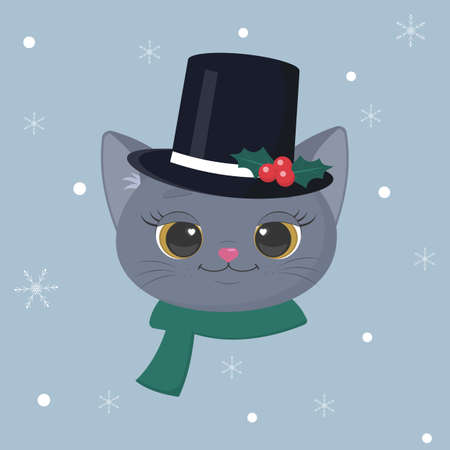 Happy New Year and Merry Christmas. Cute kitten of the British breed in a snowman hat and a scarf on a background of snowflakes. Cartoon, flat style, vectorのイラスト素材
