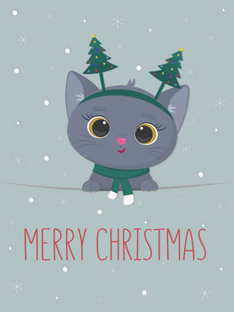 Happy New Year and Merry Christmas postcard. Cute kitten of the British breed in a rim with Christmas trees and a scarf on a background of snowflakes. Cartoon, flat style, vectorのイラスト素材