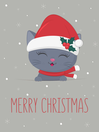 Happy New Year and Merry Christmas postcard. Cute kitten of the British breed in a Santa hat and a scarf on a background of snowflakes. Cartoon, flat style, vector.のイラスト素材