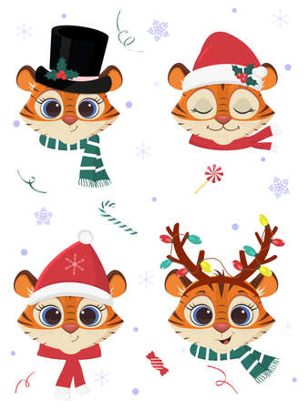 Happy New Year and Merry Christmas. A set of four tiger heads in carnival hats and scarves of Santa Claus, against a background of snowflakes and sweets. Cartoon, flat style, vectorのイラスト素材
