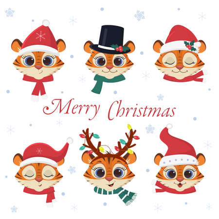 Happy New Year and Merry Christmas. A set of six heads of cute Tiger in carnival hats and scarves of Santa Claus, as well as other accessories and snowflakes. Cartoon, vector.のイラスト素材