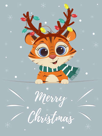 Merry Christmas and Happy New Year greeting card. Cute tiger in deer horns, garlands and a scarf on a background of snowflakes. 2022 year of the tiger. Cartoon, flat style, vector.のイラスト素材