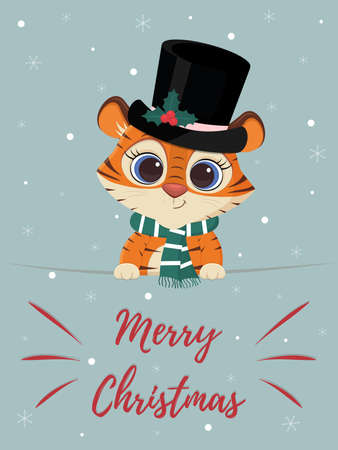Merry Christmas and Happy New Year greeting card. Cute tiger in a snowman hat and scarf on a background of snowflakes. 2022 year of the tiger. Cartoon, flat style, vector.のイラスト素材