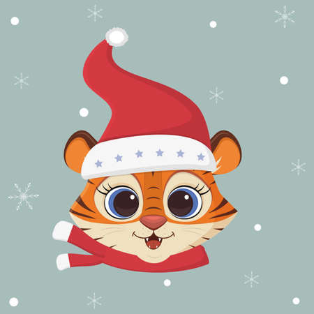 Happy New Year and Merry Christmas. Year of the tiger 2022. Cute tiger in a Santa hat and a scarf on a background of snowflakes. Cartoon, flat style, vector.のイラスト素材