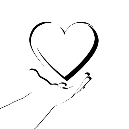 Hand holding a heart. Black and white vector illustration on white backgroundのイラスト素材
