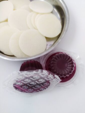 Cups of wine and unleavened bread for holy communion at homeの写真素材