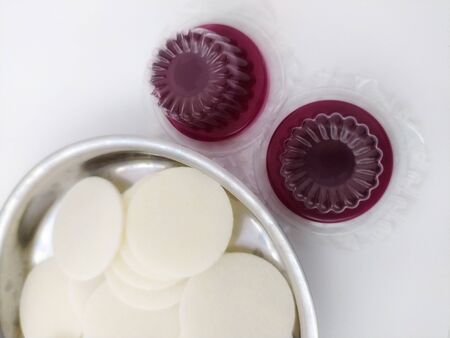 cups of wine and unleavened bread for holy communionの写真素材