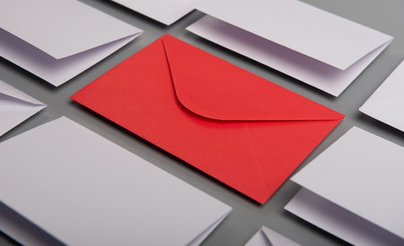 Composition with white envelopes and postcards and one red envelope on the tableの写真素材