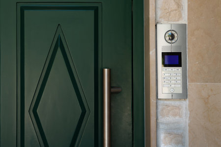 Doorbell in an apartment building with a video surveillance camera on the wall