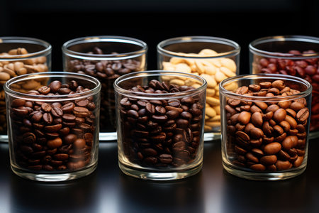 Glass containers hold coffee beans roasted to various levelsの素材