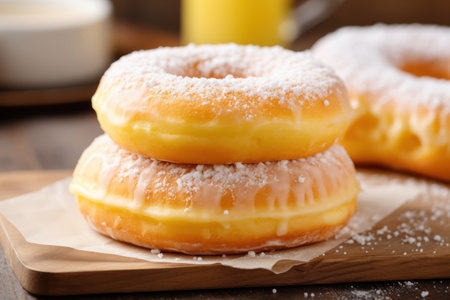 Two Delicious donuts with powdered sugar on wooden table and paperの素材