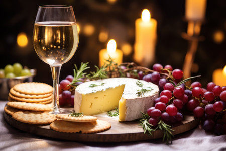 White wine, aged cheese, crackers, grapes and candlesの素材