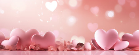 Pink hearts set against a shiny, blurred red background create a banner for Valentine's Dayの素材