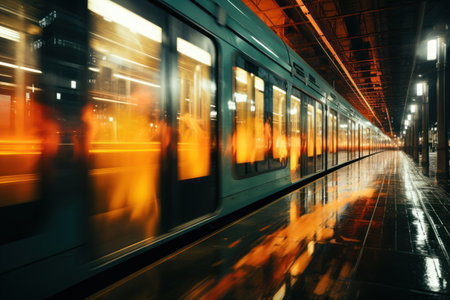 Railway station with train at nightの素材