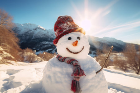 snowman on a sunny winter day against the background of mountains and skyの素材