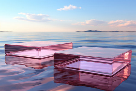 Abstract water landscape and two pink glass podiums in the waterの素材