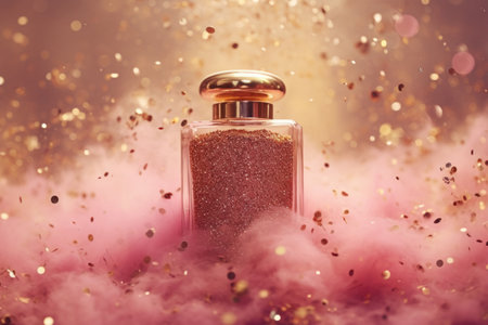 A cosmetic bottle is amidst pink glitter and sparklesの素材