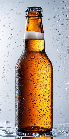 A full beer bottle showcases a vibrant amber color with water droplets clinging to its cool exterior, suggesting a chill moment.の素材