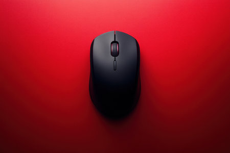 A black computer mouse sits centered on a vibrant red background, highlighting its smooth surface and ergonomic design ideal for detailed navigation.の素材