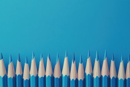 Numerous sharpened pencils in shades of blue are aligned evenly on a smooth blue surface, highlighting a creative workspace.の素材