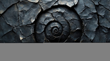 A black spiral is highlighted against a cracked surface, showing an intriguing pattern that evokes depth and texture.の素材
